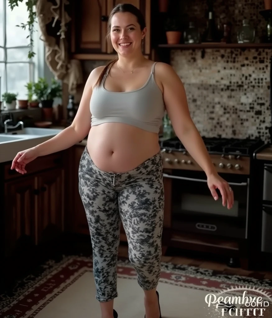 Jennifer Aniston, pregnant belly, wearing sport bra and black yoga pants, standing in bathroom