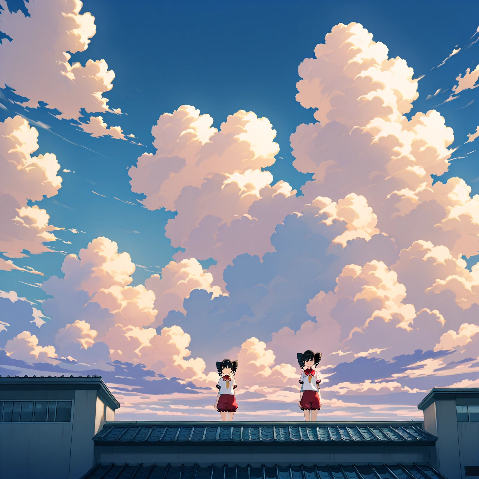 a single gigantic high-teen girl, viewed from ground level in extreme low-angle, wearing a traditional Japanese school sports uniform (white short-sleeved T-shirt with red collar and sleeve trim, tight red bloomers), long black drill curls, slightly droopy black eyes, gentle and calm expression, her left hand resting softly on a large school building rooftop, right hand touching the ground, her giant body mostly hidden behind the school building, only upper body and limbs visible, the sky is bright blue with scattered clouds, ultra wide shot, anime style, cinematic lighting, soft cel shading, no other people, peaceful mood