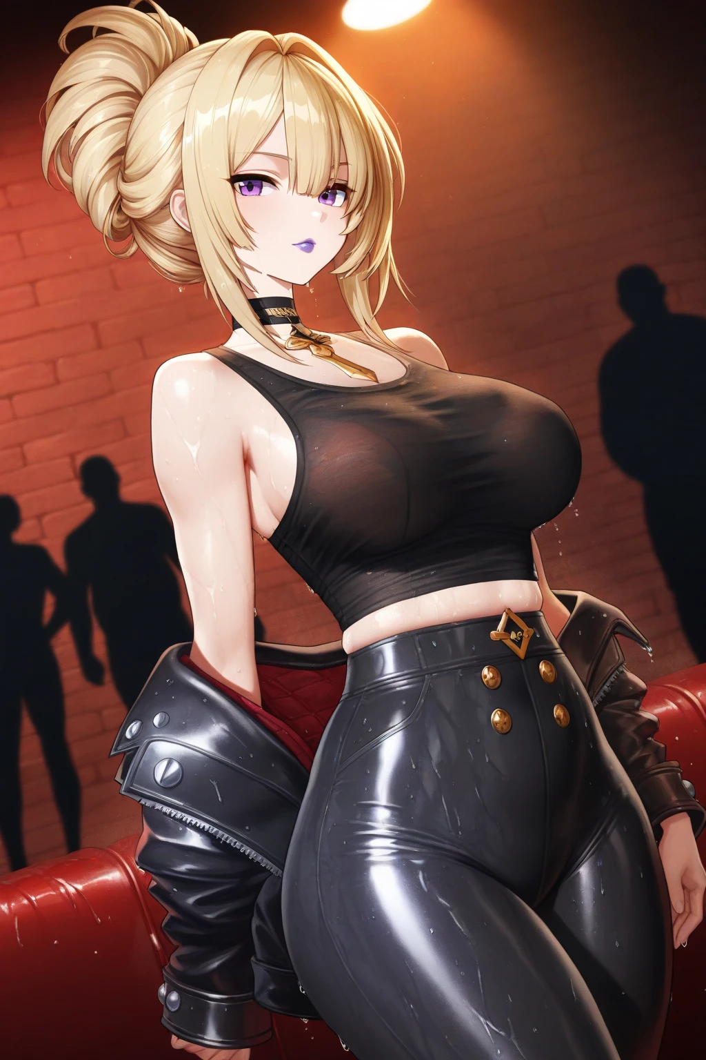 Hi res, masterpiece, 8k, nsfw, nightclub, night, nightclub illumination, ann takamaki, (gigantic tits: 1.6), (dense pubic hair: 1.4), (naked: 1.4), (black transparent top: 1.6), (open denim mini skirt: 1.4), (black lace-trimmed stockings: 1.4), (black high heels: 1.4), lewd expression, slutty face, erotic smile, (she is standing in a erotic pose while: 1.4),