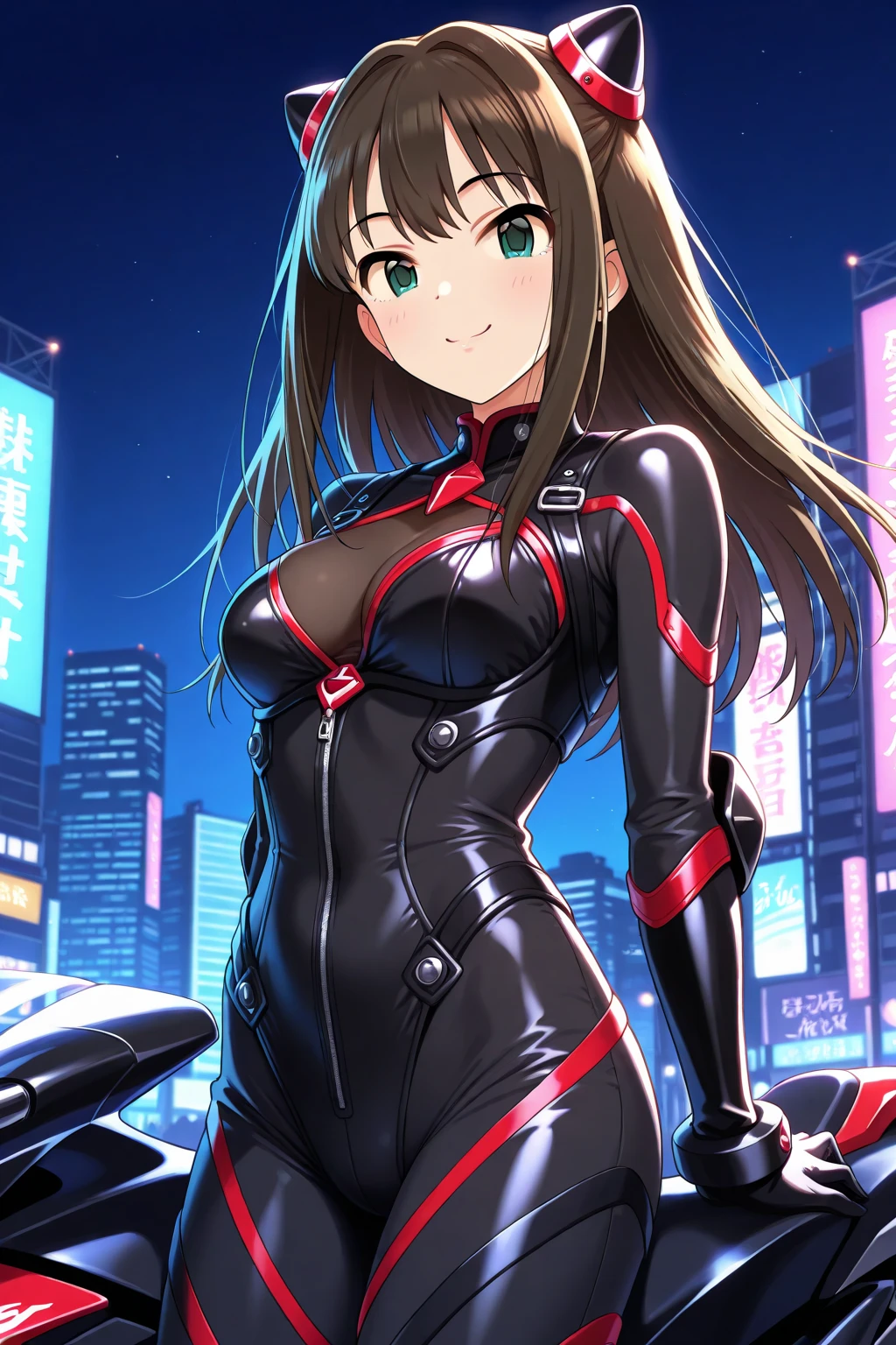 highest quality、complete limbs、Beautiful woman、solo、((brown haired woman:1.4))、((A woman with a tied hairstyle))、big breasted woman、(((A woman wearing a black and red cyber suit:1.3)))、big smile、skyscrapers at night、((dancing woman))