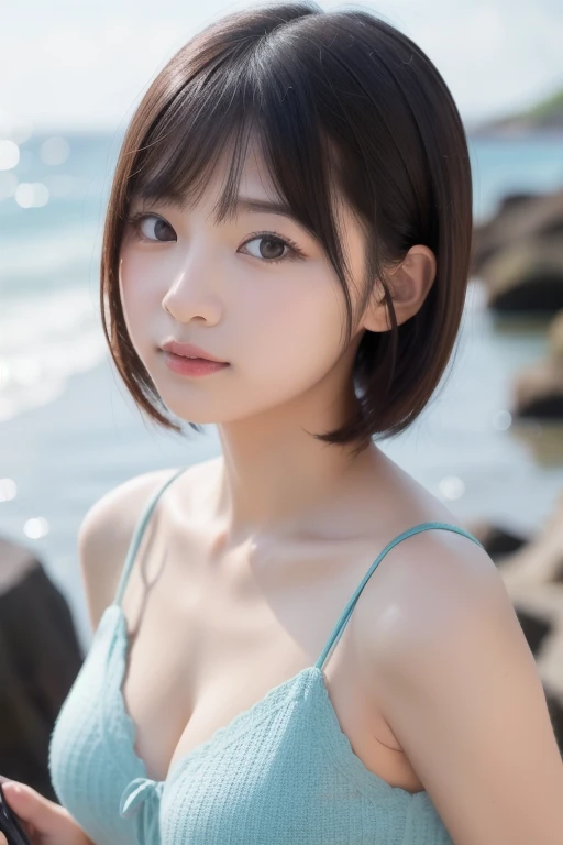 Highest quality, (beautiful)、Completely naked、Larger breasts、Brown Hair、looking at the camera、Sleeping on your stomach、Close-up、Expressionless、Beach、Nipples、tits