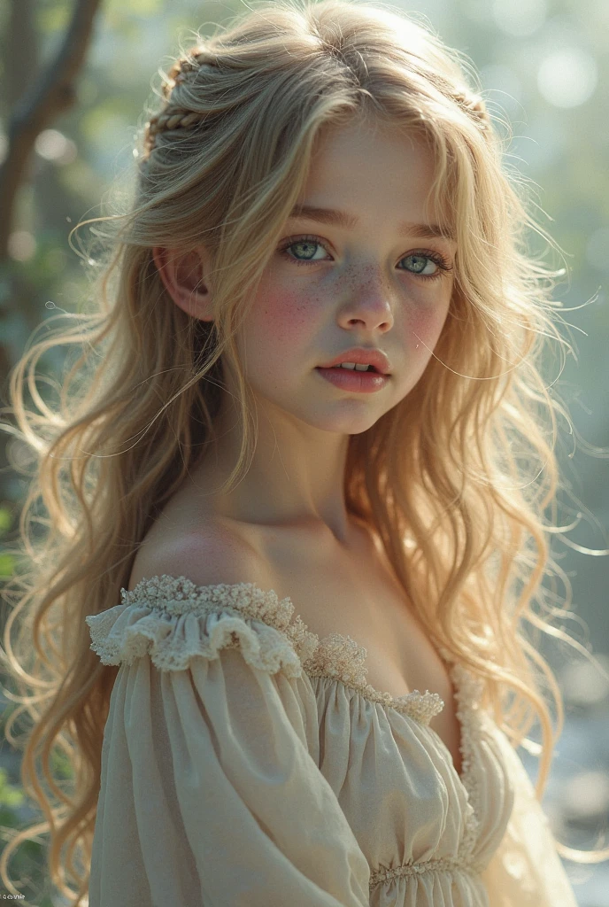 long blonde hair
roughly 4 years old
period clothing