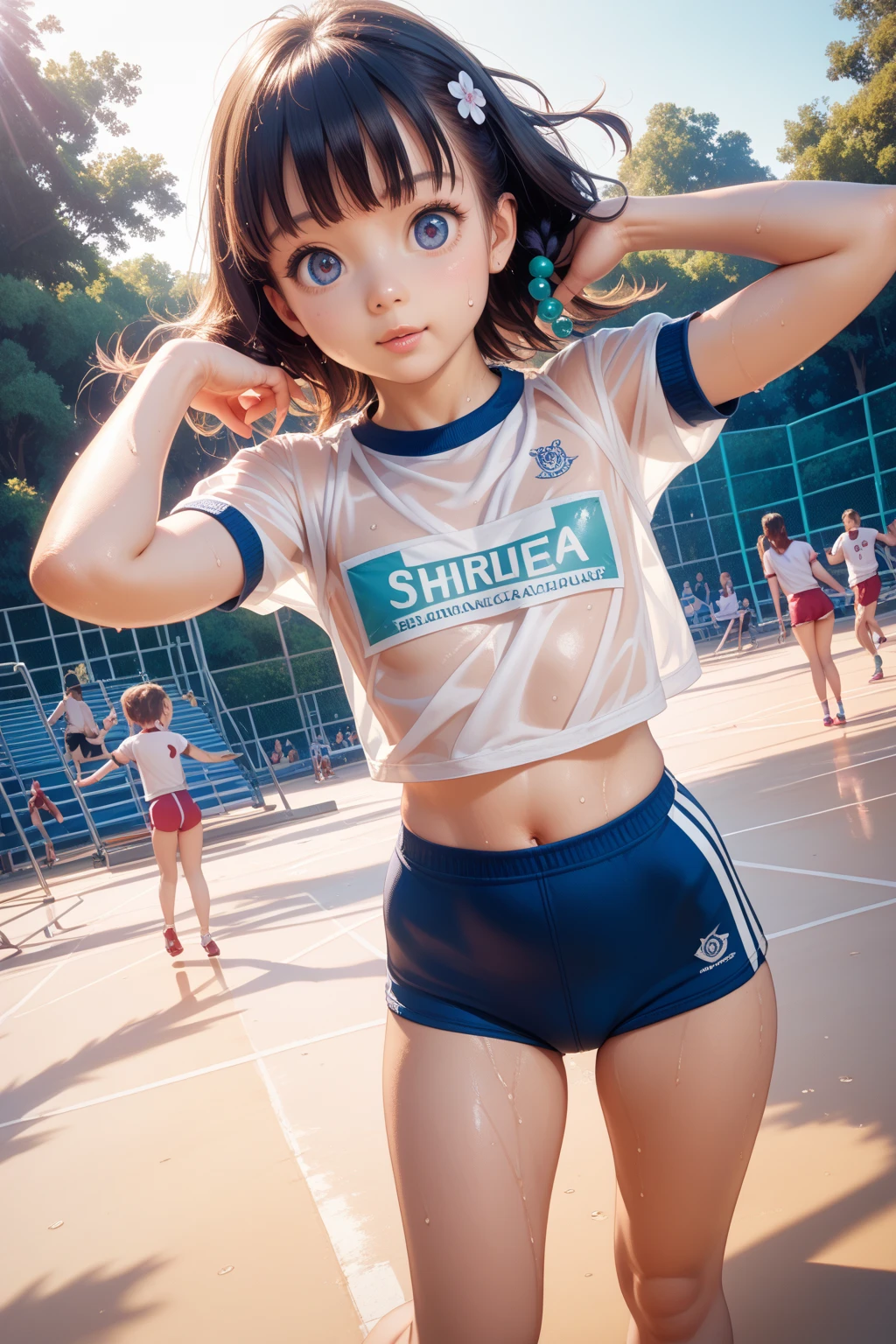 blue eyes, hair ornaments, Hair Ribbon,Show your forehead、short hair、Twin tails、 Random color tennis wear, clavicle, View your viewers,, Thighs, blush,, Lace choker, short hair,, No bra,,Highly detailed skin, Highly detailed face, (beautiful Fine grain, the girl, Red cheeks), (A girl is standing), The girl is a cute 18-year-old tennis player., (Not wearing a bra,, ((Tennis shoes)), The girl has a toned figure., Pink tennis wear, Sun visor, 汗y hair and body, Wipe your 汗 with a wristband, Tennis court, ((I took the photo from the front、Girls'Includes the whole body)), flowing、Fine grain, Perfect functionality, ( Highest quality, good quality:1.4), Intricate details,Closely、Embarrassed expression、blush、Gestures to seduce a man、Shining Sweat、Perfect Skin,Sweat is noticeable、ThighsのSweat is noticeable、 Fair skin,Tight waist, Sweating profusely、Sweaty hair、Sweaty clothes、Sweaty、Visible sweat、rain-wet hair、A vast Western church with stained glass windows、Holding a Japanese sword、Athlete System、cherry blossoms、Blonde、Silver Hair