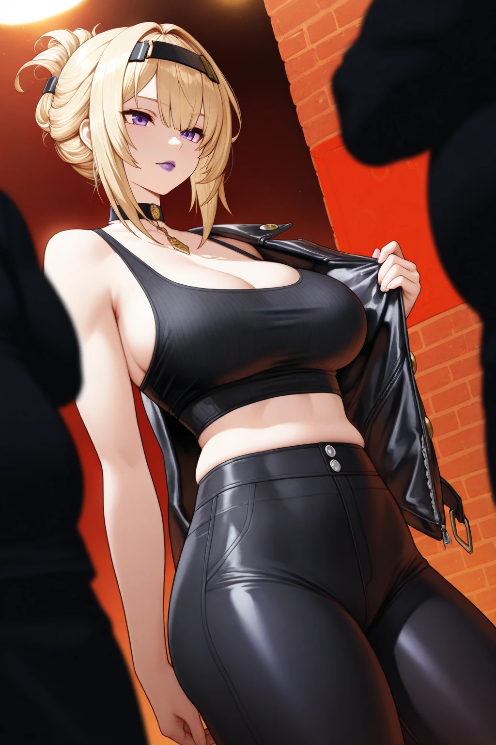 (tmasterpiece, a high resolution, best quality, 1.2) 1girl, blond hair, brown round eyes,(Large, Perfect round hips) photograph realistic,big breasts beautiful, black crop shirt,