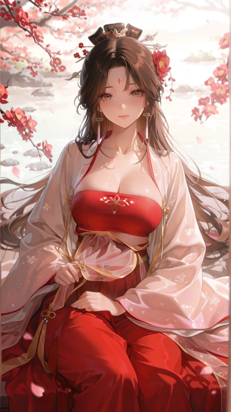(tmasterpiece:1.2),Atdan, 1 plump girl, Alone, Branch, Blooming flowers, jewely, a skirt, ear nipple ring, that tree, through bangs, Long gray hair, hair adornments, view the viewer, Chinese clothes, black hair color hair, hairflower, Brown hair, exposed bare shoulders, Very long hair, Wide sleeves, longer sleeves,Exquisite and beautiful light red eyes