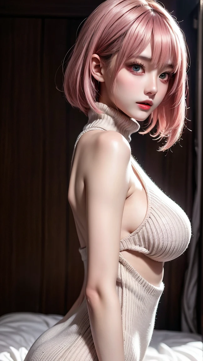 (Masterpiece, Best Quality, 1girl, solo, intricate details, chromatic aberration), Realistic, ((Middle Breath)),Long hair, pink hair, Decoration on a red head, Pink highlights, hair above one eye,violet eyes, earings, sharp eyes, Choker, neon shirt, open jacket, crop-top, (symmetry eyes),(perfect symmetrical body),sitting on a stone, Pursed knees, holds his leg with his hand, Hand at the bottom, graffiti, dim lighting, alley ,Look at the viewer, masturbation pose, nude, climax squirting, open clothes showing breast, open pants showing vagina, wet vagina