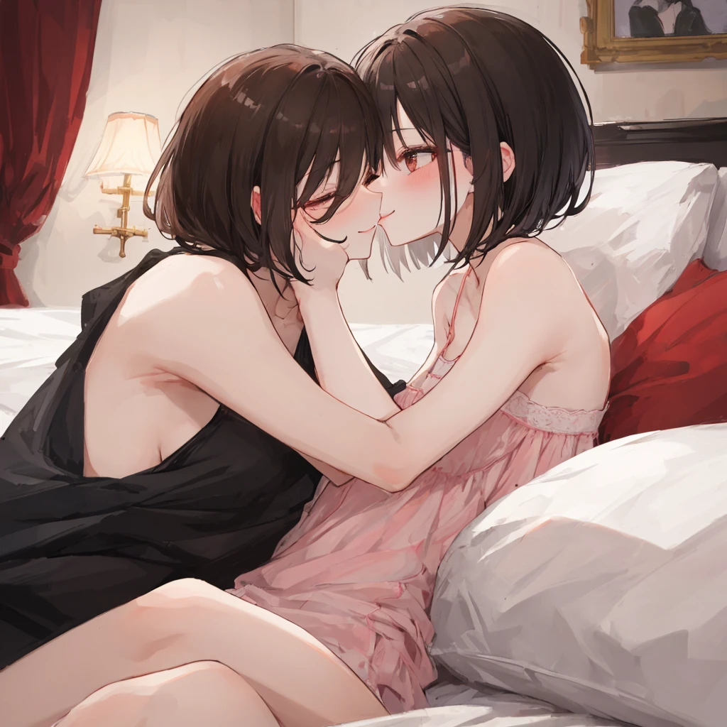 How to sit a girl,Depth of written boundary, delicate eyes, full hand, 余分な手feetなし,arm2Book,feet2Book,distinct nose bridge,fine skin、Smooth、perfect beauty、((small breasts))、thin,((Natural style)),brown hair、Book当に美しい、beautiful profile,perfect style,Ahegao,((boyish clothes)),shortcut,Western-style room,on the bed,lighting dark,1put your wrist on top of someone2Book,1人にfeet首2Book,my face turned red,Don'Do not fold your hands,feetは組まない,((Kiss between girls)),((All nude)),((rape)),((cloudy eyes)),((Crotch fingers)) ,dim room,night,Red clothes,Around 19 years old,adult,slender,Foliage plant,big window