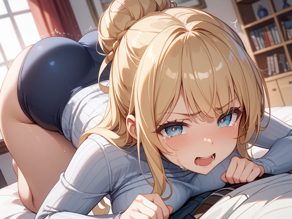 nsfw:1.2,prison,blonde,Braid,blue eyes,Big Breasts,blush,Sweat,Sloppy face,light purple leotard,Super High Leg Cut,barefoot,Face down,Lying down,Sticking out tongue,saliva,looks happy,tickle,joy,shy,tears,Ahegao:1.5,Overflowing Sex Fluids、((vagina、SEX、1Husky man))、Large penis insertion、Dynamic pose、Roll one&#39;s eyes、Nipple protrusionissionary position, spread legs:1.5, legs up:1.2))、bangs、((Lying on your back:1.5))、Hair pulling:1.2、Hair being grabbed:1.5、Saliva:1.5、Cat ear