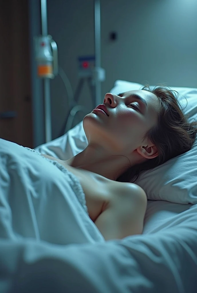Patient lying in a hospital bed with a nasal catheter, Nasogastric tube receiving diet, With a large dressing on the left arm and a peripheral puncture on the right arm 