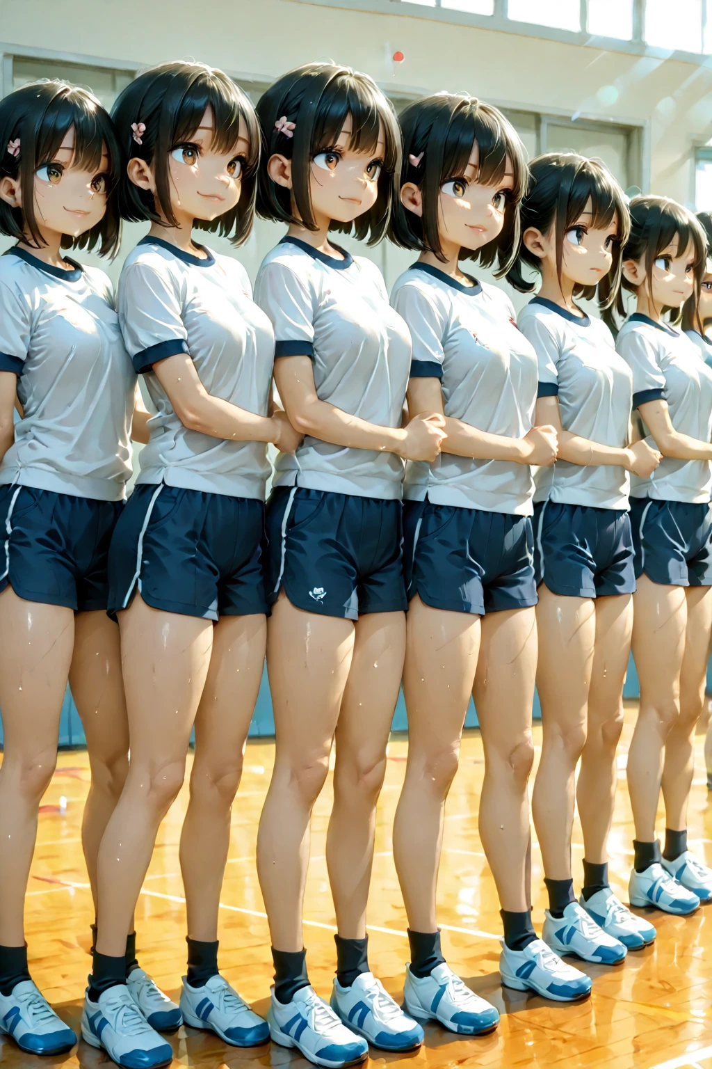 masterpiece, best quality, high resolution, ultra-detailed, perfect face, slender perfect body, Tight belly, Toned buttocks, Constricted waist,(((5 boys to race))), 13yo,(pink:-1.5) (blue:-1.5) hair, (braided short hair), shy son, short stature, small tits, (indoor volleyball court), (volleyball athlete), small tits, short pants spats show off, short pants, spats, focus, looking at viewer, (wet:1.4) hair and skin, volleyball,((covered erectile nipples clothes)),((very wide shot )),(back shot)