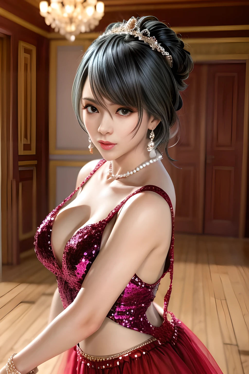 1girl,(RED theme: 1.2), (Sheer fabric pajamas: 1.5),(Velvet fabric robe: 1.5), (Ice flower Robe: 1.4), ,garden,moon,huge breasts,lactating,(lip gloss),(masterpiece), best quality, (real life portrait photography:1.5),unltra detailed,8K,Shot with a professional-grade camera like the Nikon D850,every intricate detail is captured, from the subtlest expression to the glimmer of anticipation in her eyes,,nanami
