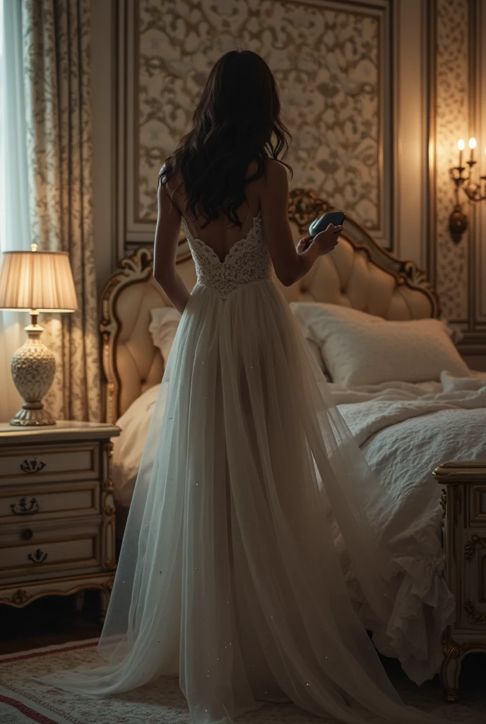 (bright lighting,romantic setting),woman captured, dreamy background,bondage,dark hair, mesmerizing gaze, , soft skin, alluring beauty, artistic portrait, high-quality image, vibrant colors, long silk gown, in the bed,tape bondage,tape gag, mosquito net, long sheer gown