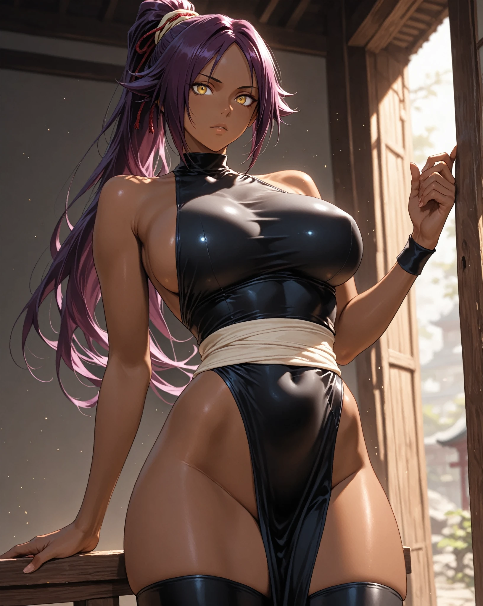 (masterpiece), best quality, expressive eyes, perfect face, looking at viewer, 1girl, solo, mature female, closed mouth, (((dark-skinned female))), (((dark skin))), (leotard), black leotard, elbow gloves, bare shoulders, collarbone, yellow eyes, purple hair, long hair, ponytail, (forest), (spring), cherry blossoms, sky, yoruichi
