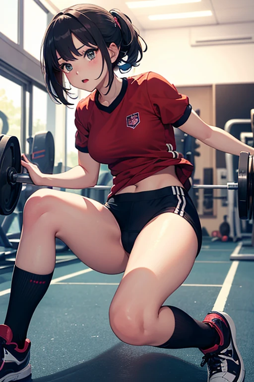 (from side:0.7),(masterpiece:1.2),best quality,illustration,beautiful detailed girl, (petit:1.3),(:1.4),8 years old girl wearing (red buruma:1.2) and (gym uniform:1.2) standing in athletic room,small breasts,looking at viewer,full body,tachi-e, (jyoful,happy:0.8),(open mouth:0.5), (white socks,red indoor shoes:0.7), (short hair,bob cut),(roung glasses:1.1),parted bangs,black hair,red eyes,(cameltoe:0.5)