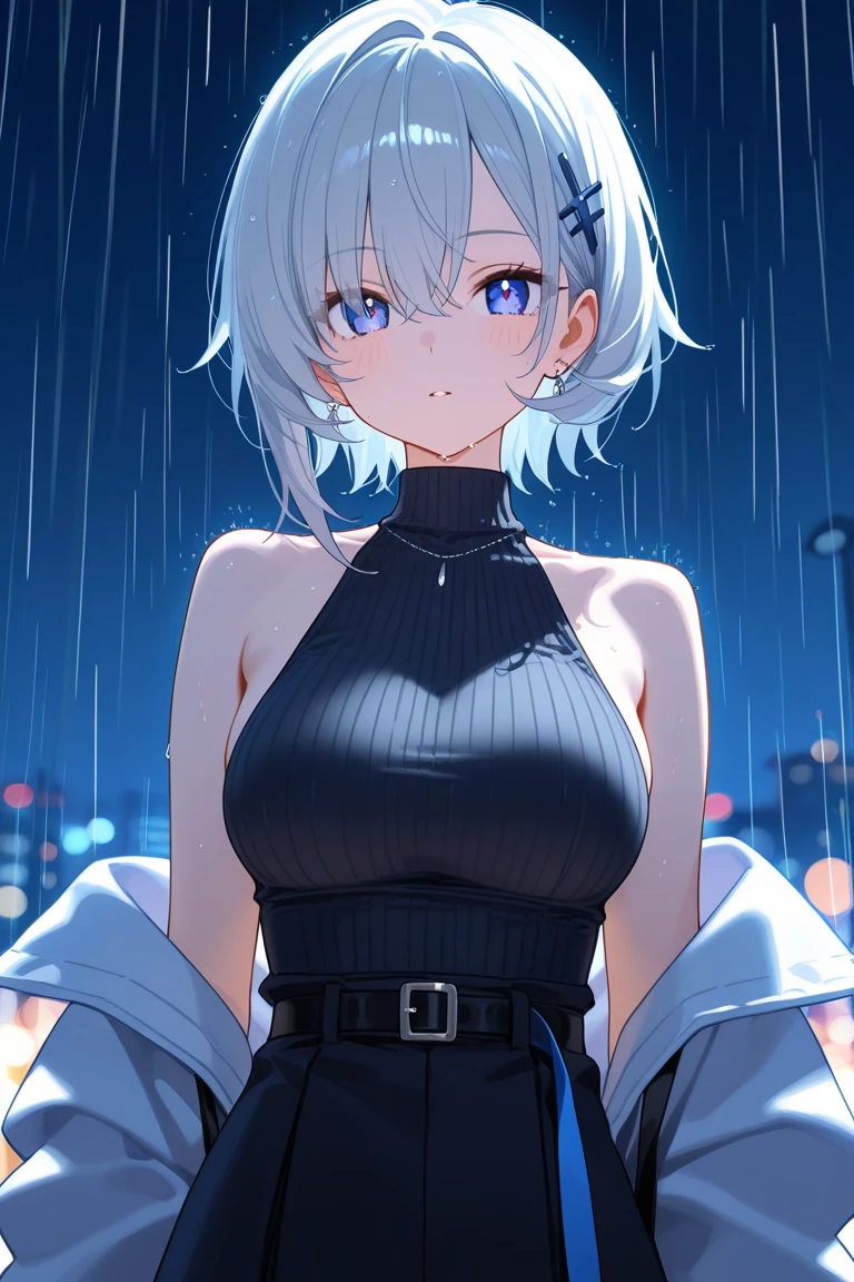 1girl、(((best quality)), ((masterpiece)), (details), masterpiece, best quality, high quality, ulutra detailed, perfect face, ((1girl, Blue eyes, cat ears: 1.3 silver bob hair: 2.5,))、Shiny Hair、Glowing Skin、Happy face、Lustful look、I can see your toned stomach、soaked、night、rain、nightの街並み、Bars lined up、The lights shine、