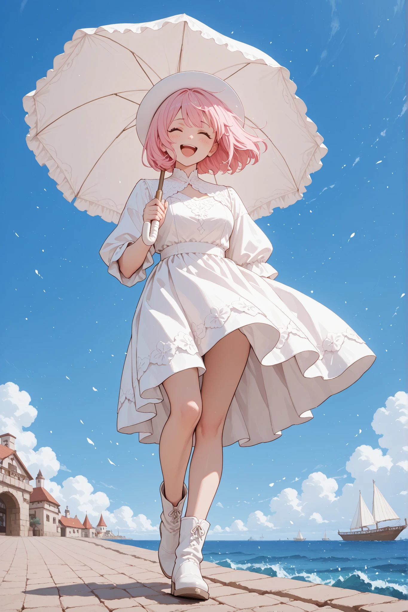 1girl, cute, walking on Beachport Jetty in Mediterranean port city, Wind, pink hair, bob hair, white hat, white dress, white boots, white parasol, blue sky, laugh, sea, japanese anime style, from below