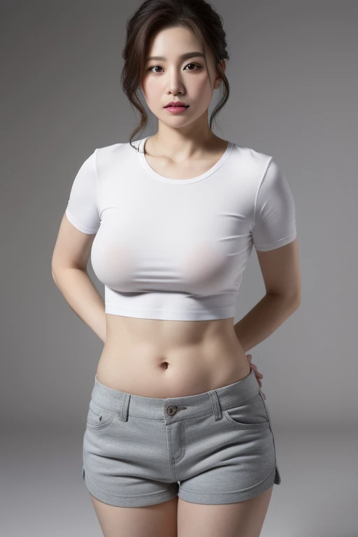 (Eunsol), A hot korean idol, long legs, wavy blonde hair, glossy lips, (perfect body, giant saggy breasts, braless), (casual white tight shirt with rounded-neck short-sleeve, loose, white panties), high heels, full body, seductive look, at professional photo studio, white backdrop background, dynamic light, dynamic angle, perspective, 8K, masterpiece, ultra detailed.