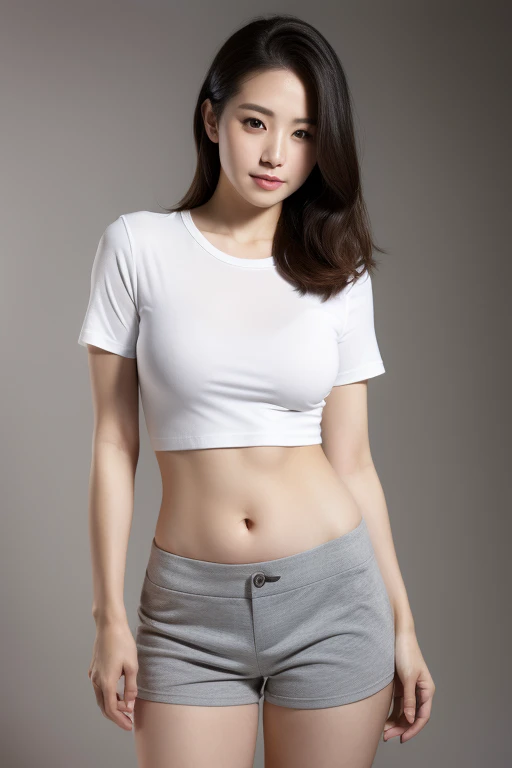(colored picture), Photo realistic of beautiful asian、slender abs, (Highlight Haircutreast B Cup:1.2), medium breast, round shape breast, perfect shape breast,(( )),((wearing T-shirt, underwear outline ), (()), As she confidently posing for camera, , studio light, gray background, full body