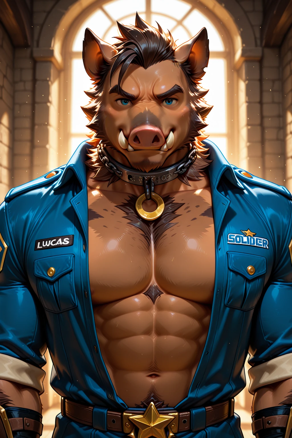 Super muscular boar beastman,Wear a uniform,Blindfold,A desperate and painful look,Mouth wide open with tongue sticking out,Getting cumshot in the face by some guys,(Surrounded by huge, red and black erect penises),(A large amount of semen all over the face),Head grabbed