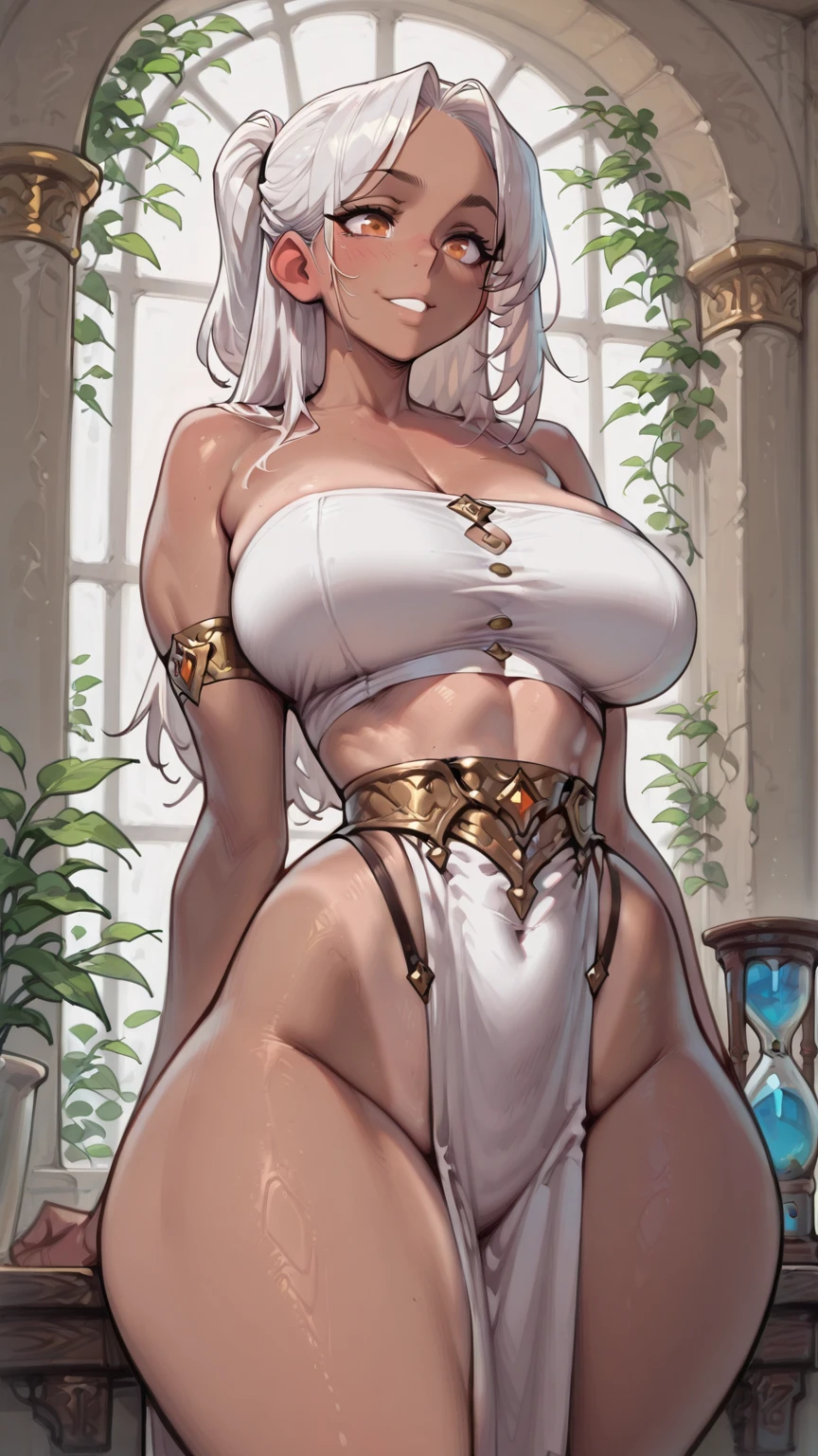 (Masterpiece, best quality), (highres, ultra-detailed), (absurdres, perfect anatomy), outdoors, 1girl, solo, dress, sela, large breasts, tan, necklace, white sleeves, thighhighs, muscular, thighs, full body, priestess, church, religous