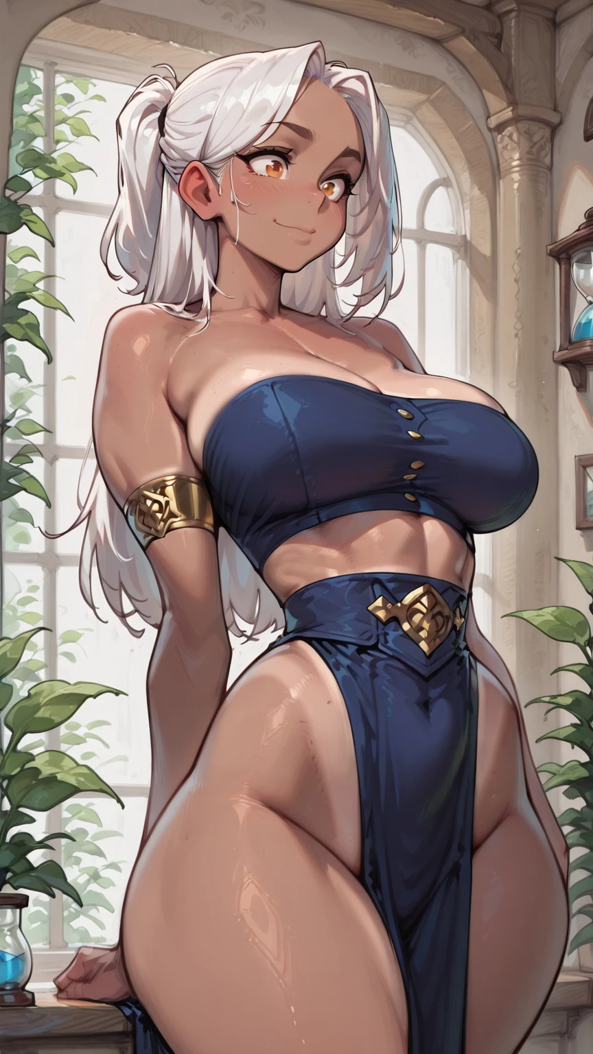 albino woman with very long hair, White skin, blue eyes, seductive look, big tits, giant breasts, milf, with sexy greek goddess fitted dress blue,vestido azul real, capa de reina sutil, very sexy greek goddess swimsuit, goddess appearance, beautiful goddess of olympus, very huge tits, olive branches around, gold laurel leaf tiara, in sexy and sensual pose, in Greece, gold laurel wreath, very busty, albino by the wide, giant tits