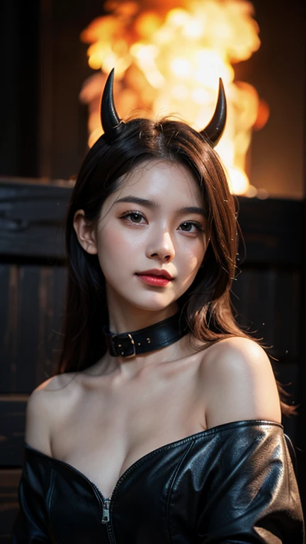 painting realistic of rosè by blackpink as a demon with red hair , red skin and red eyes. detailed and proportioned. high quality too. add demon horns.