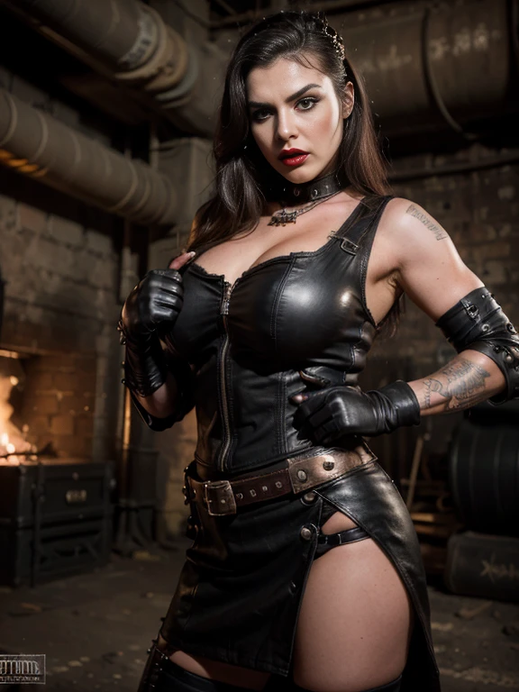 a girl Mad Max inspirado, heavy metal artwork , 25 years old, Bettie Page, ponytail, black hair, eyes closed, mouth open, completly dressed in a steampunk dress, black skirt, red lipstick, ((detailed black leather gloves)), together with her lover secret finally they can have doggy style anal sex , sucking, blowjob,double penetration, perfect body, perfect penis, lots of sperm from the mouth, 4k, 8k, (HD) ((the photo is from his side)) 