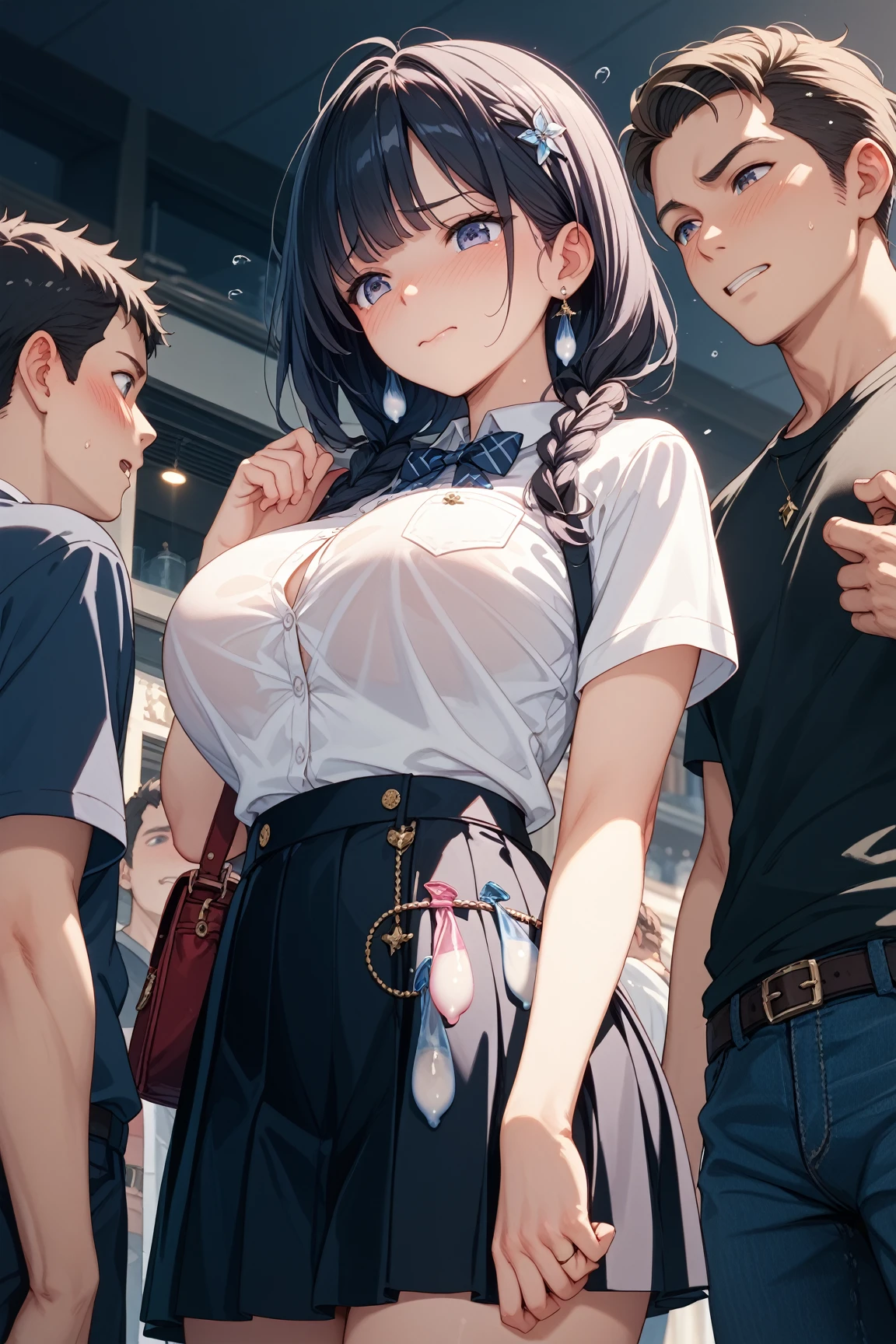 ((best quality)), ((masterpiece)), (detailed), (((perfect face))), ((((slender topless 16yo teenage girl with bare arms, bare shoulders)))), (((wearing dark blue pleated skirt))), (((brunette, brown hair))), ((ponytail)), (((shy:1.3))) ((blushing:1.5)), ((slender thighs)), ((slender hips)), (((girl looking away))), (((medium breasts))), ((((crowded classroom)))), ((((male teenagers in suits)))), ((((crowd of students in suits))))