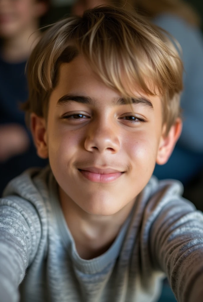 A real 1 white sexy cute boy with pink lips, white teeth smiling and blue eyes ultra realistic in a classroom 