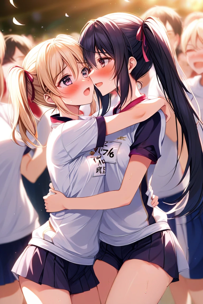 Two Girl、Sports uniforms、Clothes falling apart、tits、Nipples、Deep Kiss、Embrace、Schoolyard