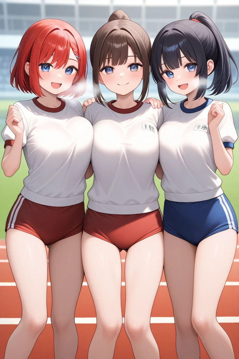 (highest quality、High resolution、detailed background)、(Highly detailed beautiful face:1.4)、cute teenage girl、(three women:1.2)、Brown hair or other cute hair colors、Each cute braided hairstyle、Braided bob cut、braided ponytail、huge breasts、realistic、perfect body line、thick thighs、Attractive big buttocks、healthy、Uplifting、cute、

(Three beautiful girls wearing gym clothes are standing side by side with their backs facing each other in the school playground.:1.5)、Accentuate your attractive buttocks、look of trust、I feel safe、

You can add cuteness and femininity to your bloomers by incorporating frills and lace decorations.、Frills and lace on the waist and hem give it a more attractive look.、
Bloomers generally have a high waist design with a high waist part.、The high waist design not only makes your legs look longer, but also emphasizes your feminine silhouette.、
Bloomers are also important for their ease of movement, which can be used for sports and gymnastics.、The stretch material allows for freedom of movement while flattering your body lines.、

laughing playfully、smiling、A big smile、Healthy charm、cute