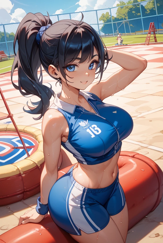 (masterpiece:1.2, best quality), (1lady, solo, upper body:1.2), Clothing: Jersey Accessories: Hairpins, cheerleaders Hair: Short dark blue shoulder-length hair Makeup: Natural, glowing skin, Behavior: relaxed, carefree, free-spirited, smiling Location: Pitch, blue eyes, huge breasts,.