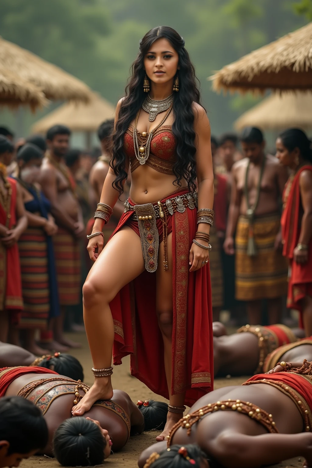 Draw a indian muscular warrior queen slaying a enemy man, she stood over he falls down, tough eyes, destroying reactions