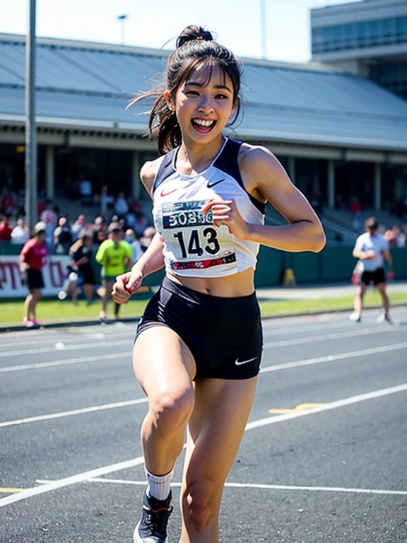 (masterpiece: 1.3), (8k, Realistic, RAW Photos, Highest quality: 1.4), 20歳の美しい日本人女性のTrack and field athlete, (Random Hairstyles: 1.2), Ultra Detail Face, Eye on the details, double eyelid, Sharp focus: 1.2, Beautiful woman: 1.4, Light brown hair, Highest quality, masterpiece, Ultra-high resolution, (Realistic: 1.4), Ahegao, Shining Sweat, thin, Track and field athlete, Tight crop top,Racing shorts in beautiful colors, Shining Sweat, thin, Serious expression, smile、((Sneakers)), On the track at the athletics stadium, ((Perfect beauty)), Slim legs,front, Mid Shot, Slim legs, Slim thighs