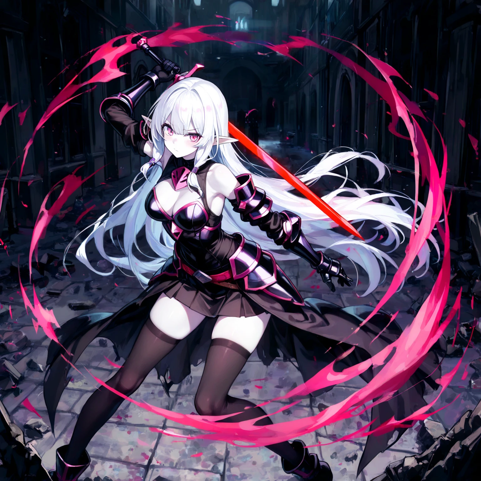 1girl,mature female,solo focus,glowing magenta eye,colored sclera,white hair, long hair,(((pale skin,extremy white skin,hair over one eye,halo pink))), sharp teeth, open mouth,(((medium breasts,glossy body))),((white bra,white bikini,white skirt,bare feet)),(((villain,psycho,villain smile, psychopath,angry))),(((running in front a stones ruins in night,attacking holding a magic magenta Scythe))),masterpiece,hd,best quality,8k,detailed face,close-up on face,perfect face