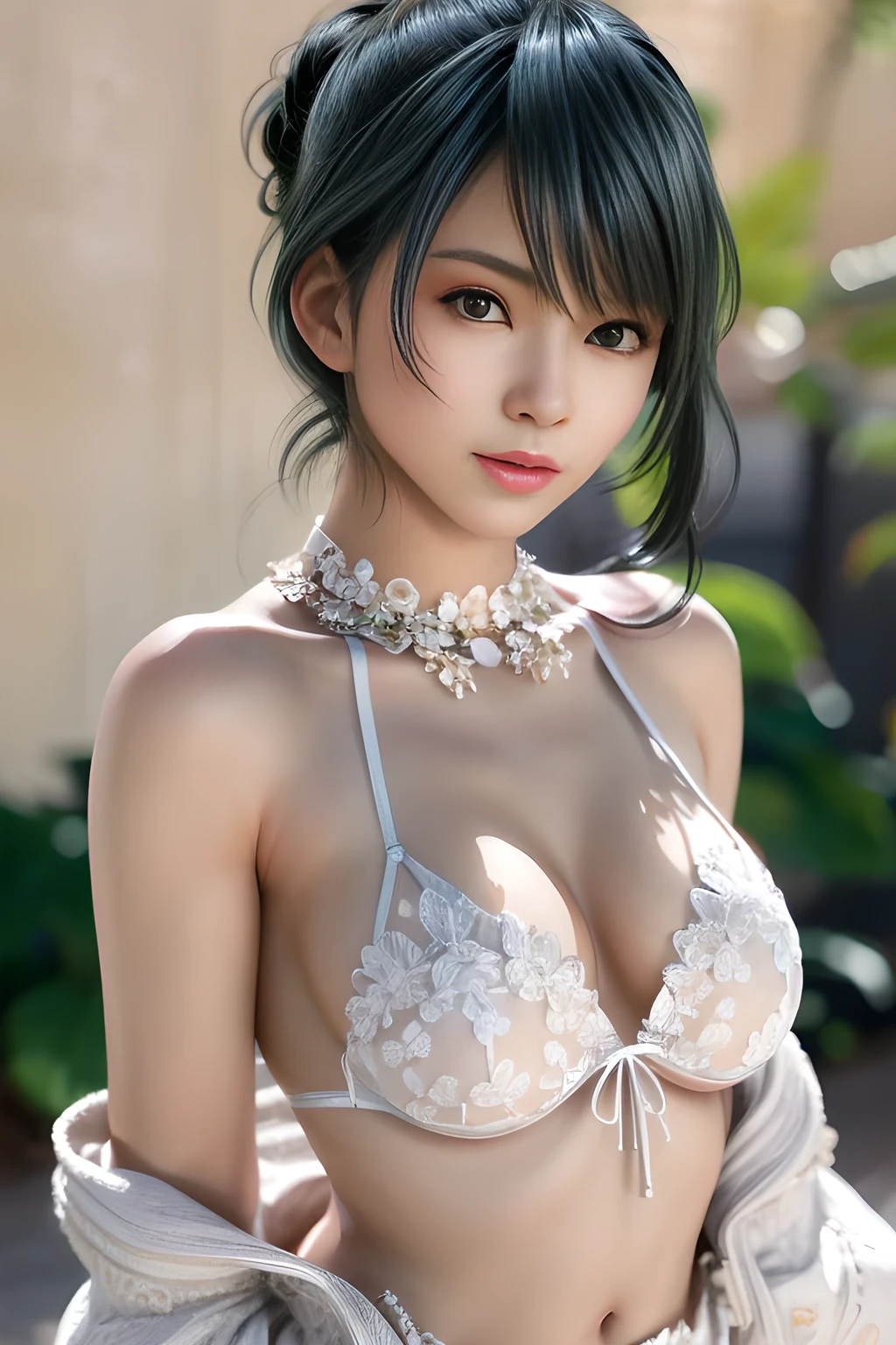 1 girl,vampire,silver underwear, (lace:1.3),stockings,outdoor, (standing posture),jewelry,Lips slightly open, lustful smile, red lips,(Lactation:1.2),(huge breasts),((8k, original photo, top quality, masterpiece), HD RAW color photos professional close-up photos), (actual, photorealism: 1.37), (best quality), (best shade),ultra high resolution, HD CG unified 8K wallpaper,soft sunshine,clothing details, alone,Tamaki