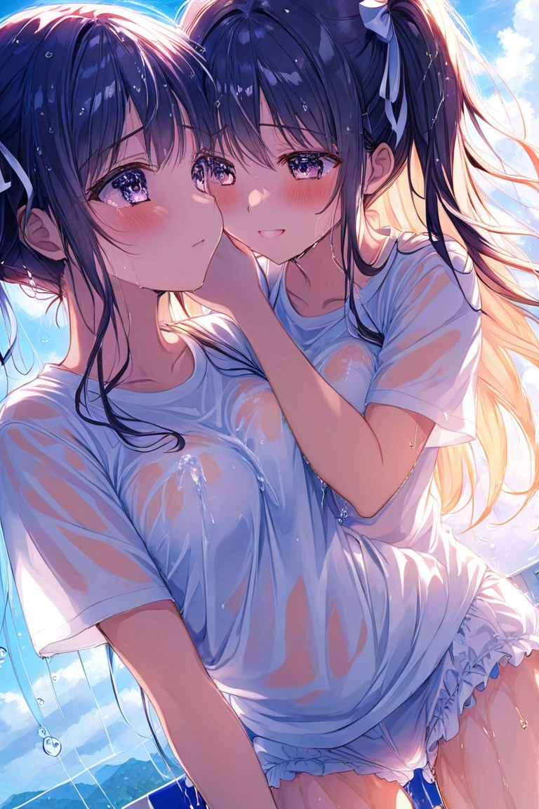 (baby:1.5), (absurdes, 8K, 4K, Tabletop, Extremely detailed:1.2), highest quality, Perfect Anatomy,Perfect Face,Look forward,High humidity,shortness of breath,High humidity,humid,blush, Black Hair, Hair ties, hair band, Outdoor, hair ornaments, Long Hair, Twin tails, (Sweaty:1.2), Embarrassing, (wet:1.2), (rain:1.2), (Oily skin:1.1), Nude, Browsing Caution, In the city, on the road, In the crowd, convenience store, (Very short stature:1.5), (cum body:1.6), (Two little girls are kissing each other:1.5), (Both eyes closed:1.3), A happy smile, (night:1.2), (surrounded by a group of old people:1.8), (orgasm:1.6), (Little girls sitting side by side:1.3), (She is masturbating the penis in front of her.:1.5), (how does it:1.7), (Cum in mouth:1.3)