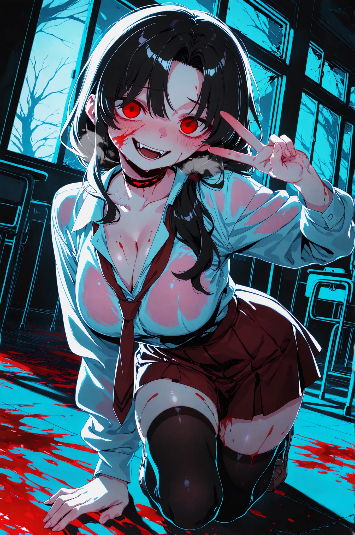 dark art, thick outlines, comics, photorealistic, perfect hands, masterpiece:1.2, ruined city at night, crazy, smiling, 1 girl, knife in hands, blood, cardigan, serafuku, black skirt, neckerchief, big breasts, detailed background, detailed face, detailed eyes,