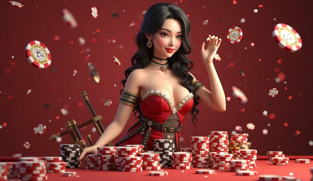 En un casino de lujo, A stunning woman wears an exquisite dress adorned with heart symbols like ace poker cards., encarnando la presencia real de la Reina de Corazones. Surrounded by a backdrop of cards and poker chips., Ella irradia confianza, sensuality and seduction., invitar a los jugadores a probar su suerte y sus habilidades de juego. ((Hiperrealista)), ((muchas cartas)), ((hermosa)), ((ambiente casino))