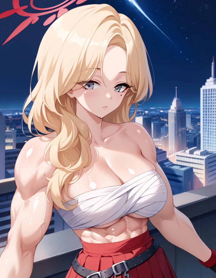 highly detailed, high quality, masterpiece, beautiful, anime style, score 9, score 8 up, source anime, best quality, amazing quality, very aesthetic, high resolution, ultra-detailed, newest, scenery, depth of field, scenery, high brightness, high contrast, (upper body, cowboy shot:1.2), (close up:1.4), 
BREAK 
akemi \(blue archive\), long hair, blonde hair, mole under eye, grey eyes, (muscular female:1.2), large breasts, red halo, 
akekur, chest sarashi, fingerless gloves, red gloves, midriff, red hakama skirt, black belt, chain, clothes writing, 
(shiny skin:1.3), slender, curvy, wedgie, staring, close mouth, 
BREAK 
outdoors, (night sky with stars:1), (cityscape, skyscraper rooftop:1.2), 
BREAK 
1 girl, solo, 