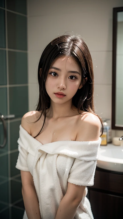realistic, 1girl, black hair, big breasts, black eyes, glowing eyes, towel, parted lips, blush, night, bathroom, sun, sunlight, bloom
