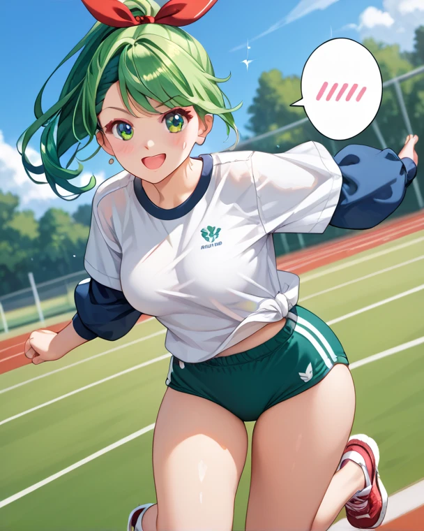 Girl with short green hair, Small size breasts,、Green Eyes, 、,Full body photo from head to toe、Track and field athlete、、、Uplifting、Leaning forward、、walk short distance、running、A toned and toned body、Desperate、(Sweat)、Uplifting、A moving picture、Shorts、Full Dash