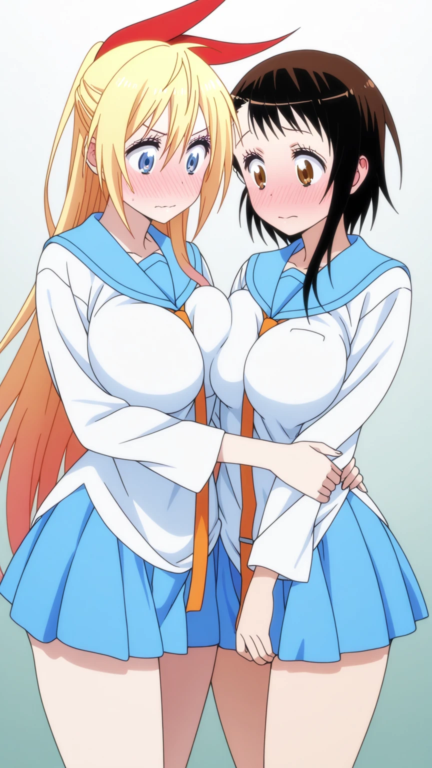 Male and Female、Black haired man and blonde long haired busty woman、Back to Back、Smiling、Naked and naked、Nipples、blush、((Blonde woman))、Simple white background、(Naked Man)