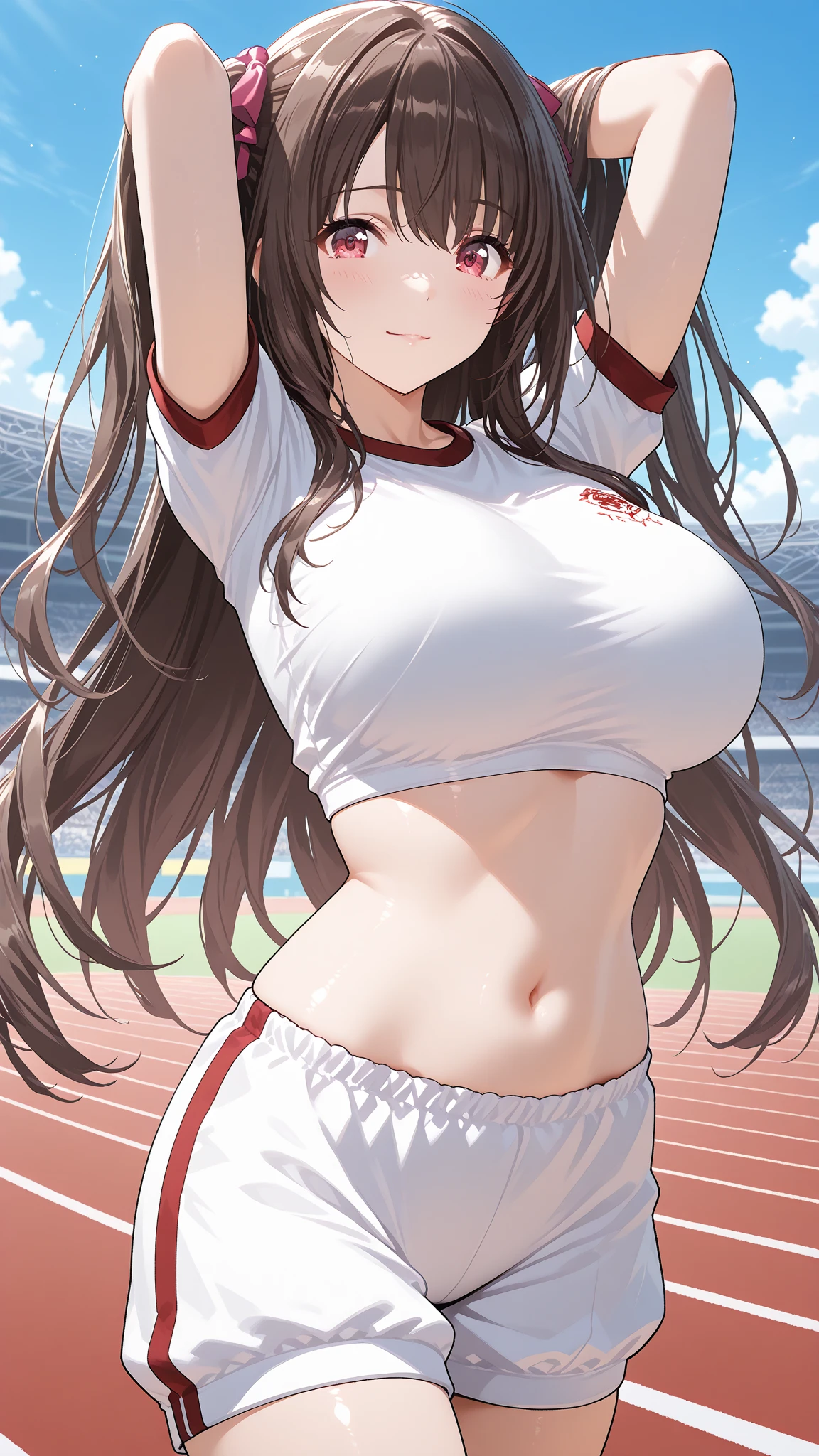 score_9, score_8_up, score_7_up, score_6_up, score_5_up, score_4_up, anime screencap, best quality, masterpiece, 1girls, armpits, navel, buruma, outdoors, breasts, red sports bra, stomach, looking at viewer, brown hair, track and field, stretching, solo focus, day, sports bra, thighs, black buruma, arms up, sweat, long hair, cloud, huge breasts, sky, blurry, brown eyes, midriff, bare arms, standing, arms behind head, bare shoulders, cowboy shot, closed mouth, collarbone, blush, blue sky, groin, depth of field, sports bikini, hairclip, crop top, blurry background, sleeveless, track uniform,