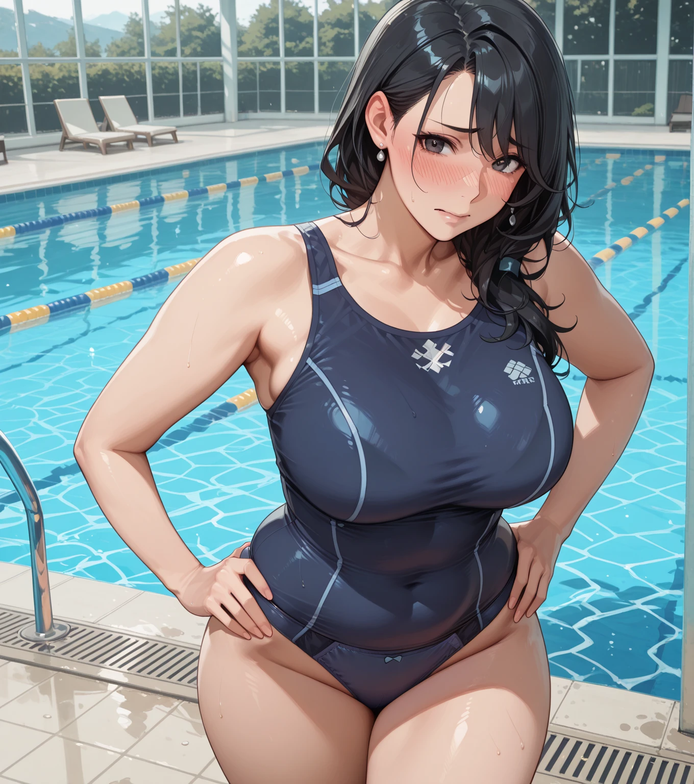 (Best quality:1.3), nakano miku, brown long hair, hair between eyes, large round breasts, one-piece swimsuit, soaking wet:1.3, smiling, swimming pool, (pov)