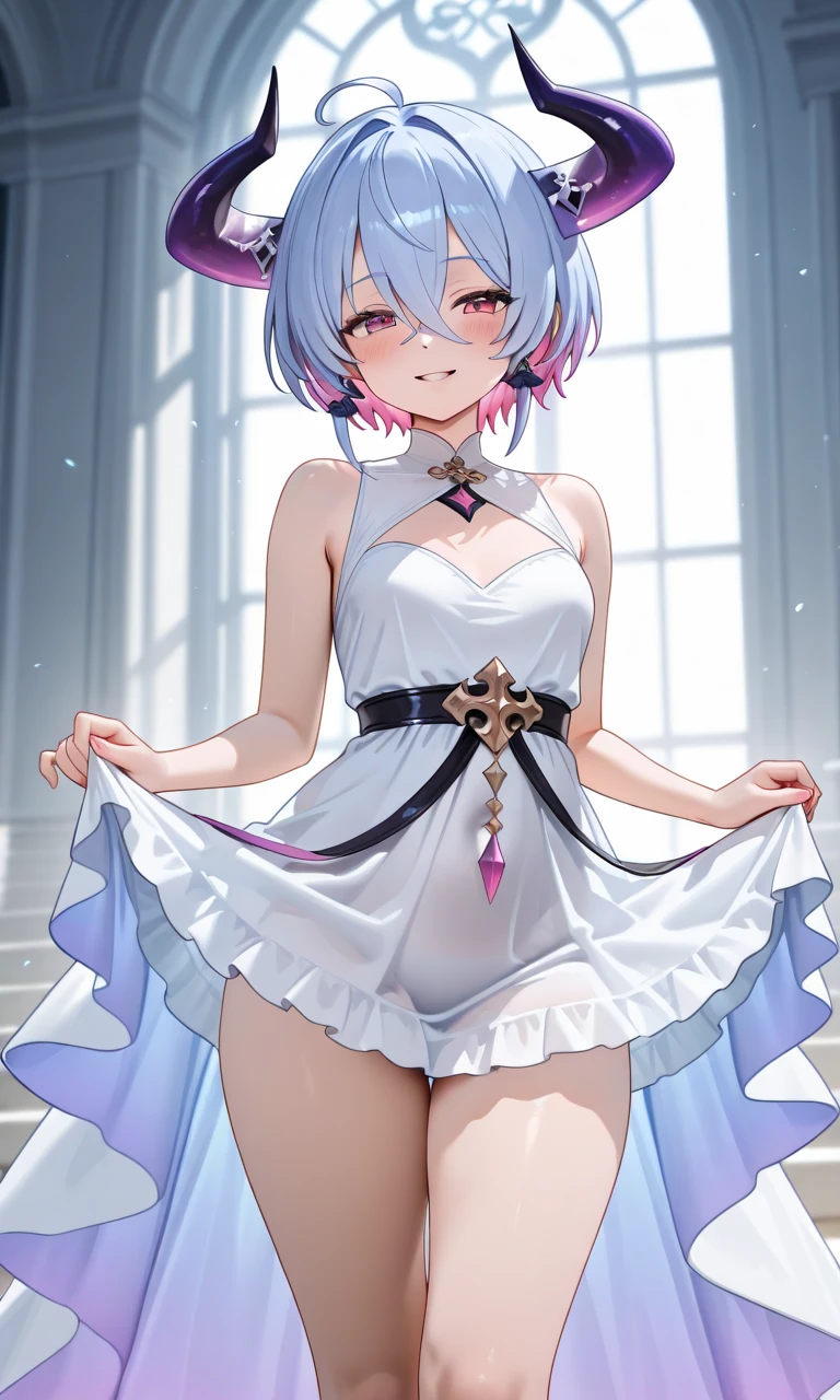 (1girl,solo),cowboy shot,standing,(ruby red hair:1.6),(short hair:1.2),hair over one eye, hair ribbon, x hair ornament,(red eyes:1.4),(beautiful fingers:1.4),(perfect anatomy:1.6),(arms_behind_back:1.6),(cold_shoulder:1.2),BREAK,(pure white flapper dress:1.6),(silk lace glossy lamé:1.6),(latex luster shiny glossy:1.6),(shiny_clothes:1.6),small breasts,beautiful breasts,(thin thighs:1.6),(gold thigh boots:1.4),(masterpiece),best quality,(Ultra high definition eyes:1.2),8k,(Beautiful detailed eyes:1.2),(Fine and beautiful eyes:1.2),(pretty eyes:1.2),finely detail,extremely CG, absurdres,high resolution,illustration,Detailed and beautiful outlines,finely detail,high resolution,(colorful refraction:1.4,Increase saturation:1.2),beautiful lighting,dynamic lighting,closed room,black background,simple background, smile,looking at viewer,ram1,ram \(re:zero\), white thighhighs, maid headdress, garter straps, black ribbon, long sleeves, neck ribbon, purple ribbon,(sheer sleeves:1.4),(see-through sleeves:1.4),(wide sleeves:1.2)