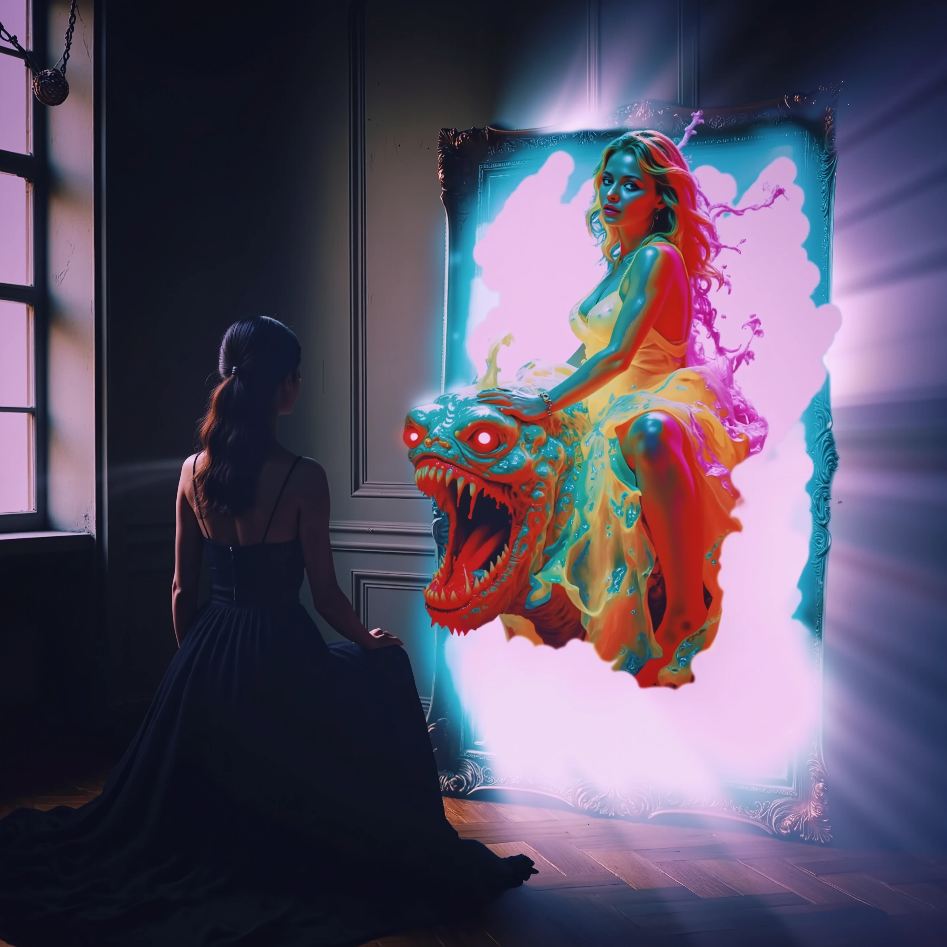 In a classic room with wooden floors and soft, neutral walls, a woman with long dark hair elegantly sits on the ground, wearing a flowing black dress. She faces a large, elaborate picture frame leaning against the wall. The artwork within the frame is striking and surreal, showcasing a vibrant fusion of colors. At its center is a fantastical creature with a body of luminous yellows and greens and fiery red eyes. This beast has an oversized jaw filled with sharp teeth, exuding an otherworldly and fierce presence. A woman, clad in a strikingly vivid yellow dress, sits atop this creature. The entire piece is illuminated by a glowing neon aura, adding a dynamic contrast to the otherwise classical and subdued setting. Light pours in from a nearby window, highlighting the scene’s rich textures and accentuating the surreal contrast between the real and the imaginary.
