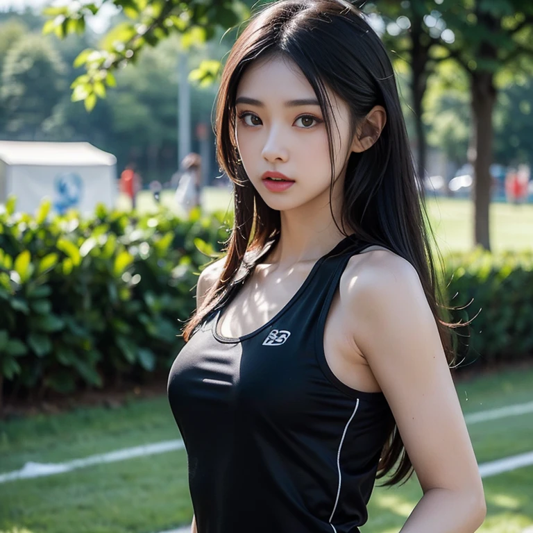 1人の女性,8K,RAW photos,(top Quority、masterpiece、complexdetails:1.4)、(realisticlying:1.3)、(realisticlying:1.3)、Chinese female track and field athletes、(Rainy days))、((Woman standing on the stadium runway:1.8))、(A beauty like a Chinese actress)、(a heavy rain)、(((Thin track and field team vest))、Abs,(Light track and field team vest)、(Rain soaks transparent skin vest), Rain wet sticky track and field team vest,Cropped pants,Colorful sweatpants,(Wet hair),(wet bangs),Wet skin,(Transparent prominence),19yearsold,(smaller face:1.5),(Nervous expression),Light makeup,tthin eyebrows,Detailed and beautiful face,Detailed eyes,(tear bag:1.5),detailed finger,Detailed legs,Detailed skins,mediuml breasts,lustrous Some hair,shiny shiny skin,Wet and dripping hair, Wet skin,Wet vest,(No bras),(no underwear on),sixpack abs,Crop topping