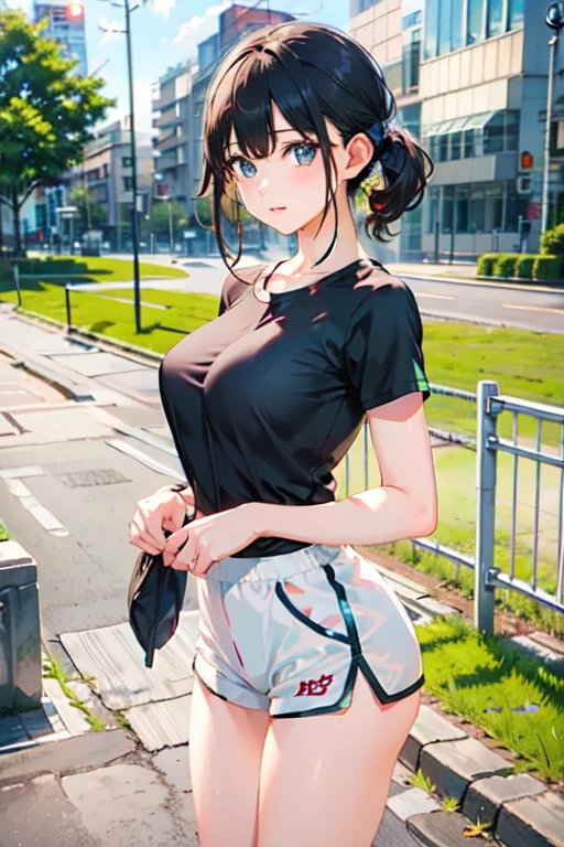 Shorts and crop top, pigtails in public