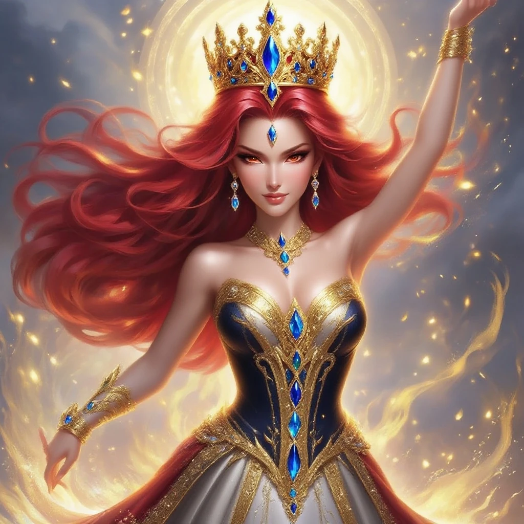 In the center of the picture stands a beautiful goddess of fire, a striking figure of unearthly beauty, she has flowing black and red hair, Her eyes, deep as the universe itself, radiate gentle wisdom and connection with all living things, The beautiful goddess is dressed in a heavenly star-spangled dress, as if she is part of the cosmos itself, The dress shimmers, luminism, smoothness, 3d render, by yukisakura, stunning full color,